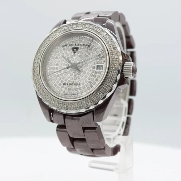 Swiss Legend Karamica Pave Diamond Dial & Bezel Ladies Quartz Wristwatch Ceramic - Picture 1 of 5